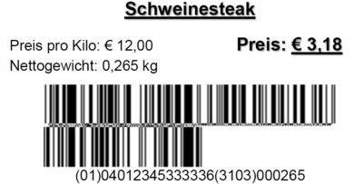Eteikettenbeispiel eines Schweinesteaks mit GS1 DataBar Barcode